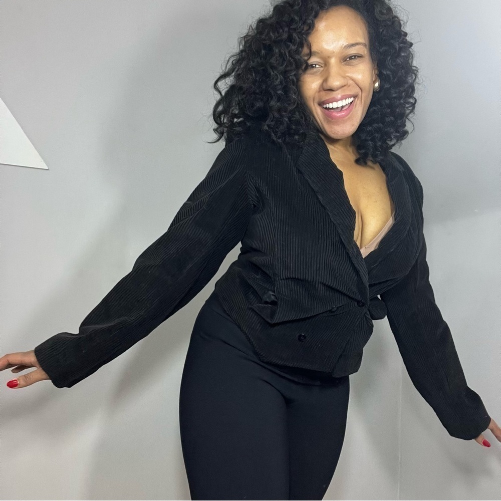 Vintage Black Wide Wale Corduroy Blazer Cropped Short Jacket Fitted Cinched Top